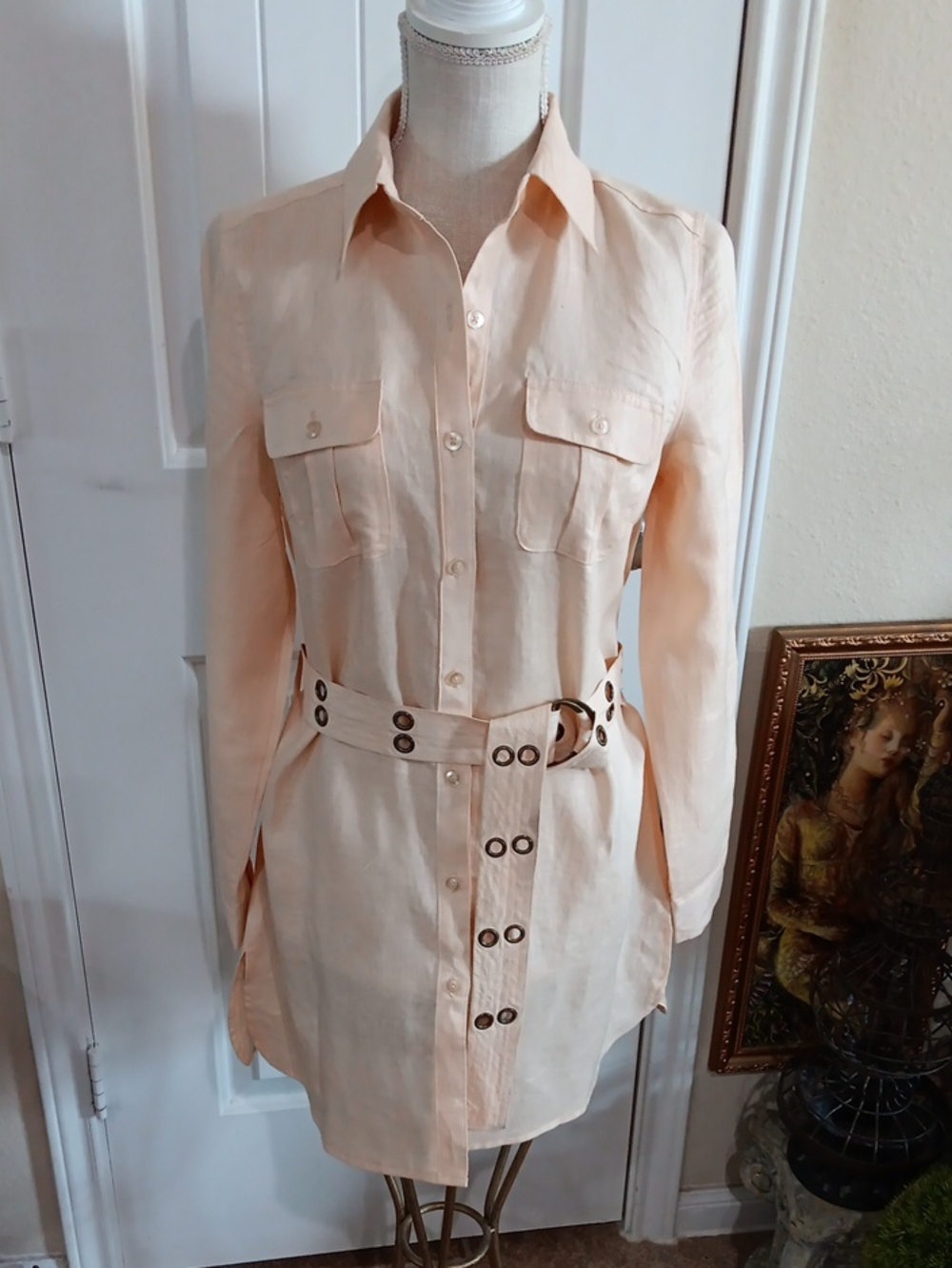 90s Vintage Carole Little Peach 100% Linen Grommet Belt Safari Mini Shirtdress M